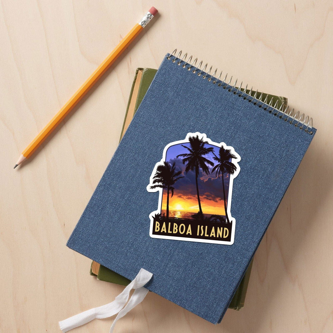 Balboa Island, California, Palms and Sunset, Contour, Vinyl Sticker Sticker Lantern Press 