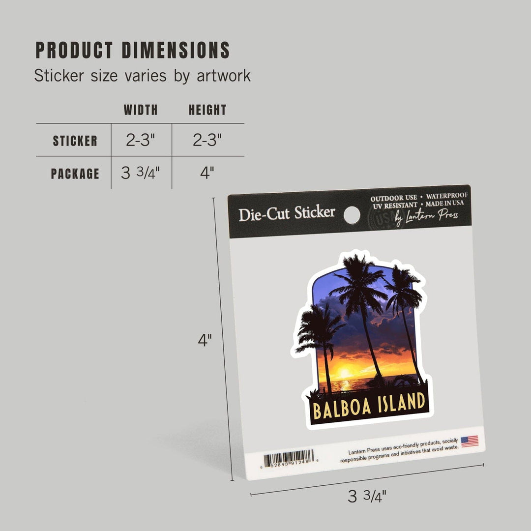 Balboa Island, California, Palms and Sunset, Contour, Vinyl Sticker Sticker Lantern Press 