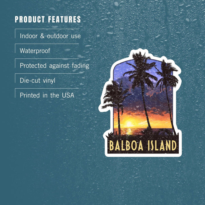 Balboa Island, California, Palms and Sunset, Contour, Vinyl Sticker Sticker Lantern Press 