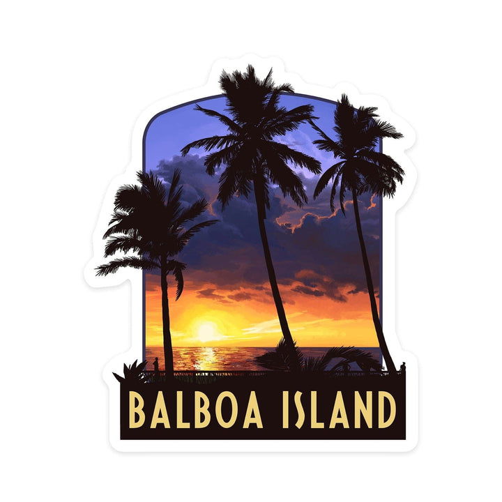 Balboa Island, California, Palms and Sunset, Contour, Vinyl Sticker Sticker Lantern Press 