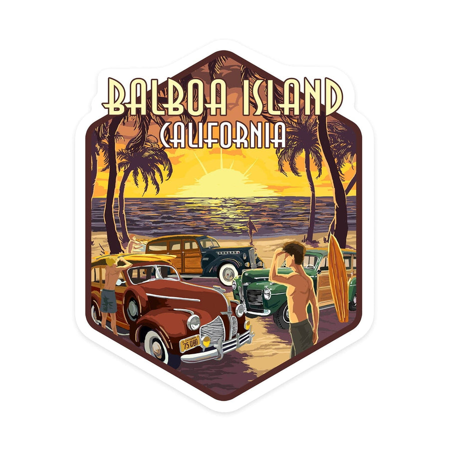 Balboa Island, California, Woodies on the Beach, Contour, Vinyl Sticker Sticker Lantern Press 