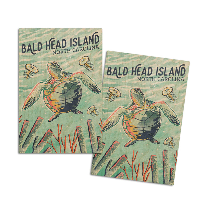 Bald Head Island, North Carolina, Graphic Pastel, Sea Turtle, Lantern Press Artwork, Wood Signs and Postcards Wood Lantern Press 4x6 Wood Postcard Set 