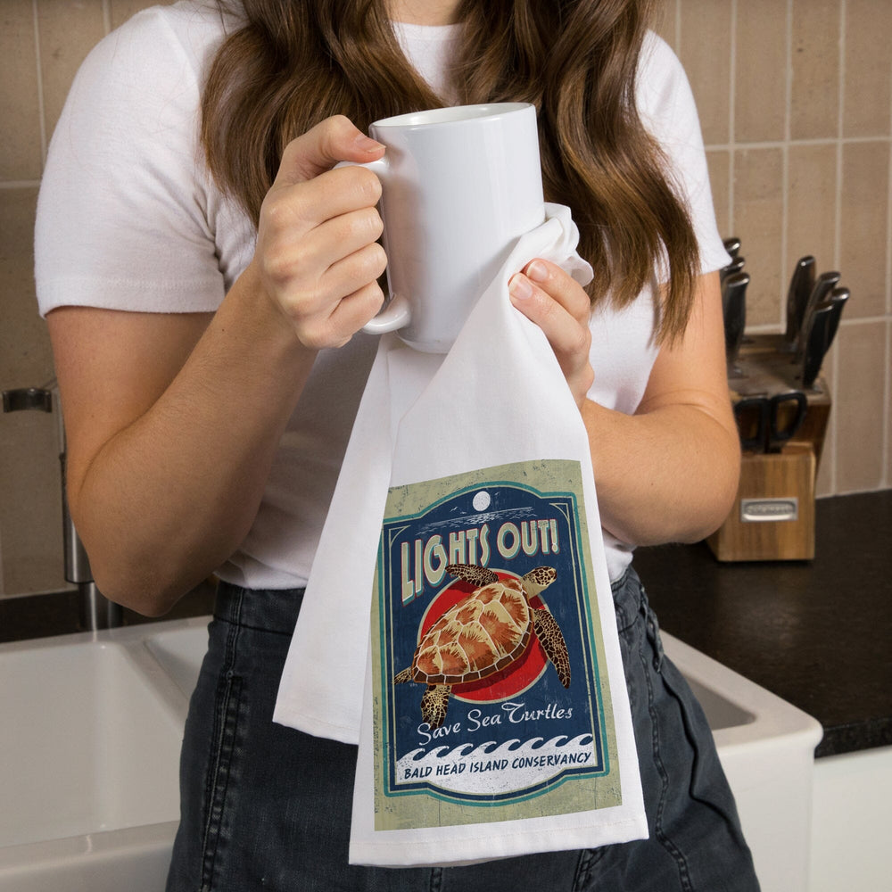 Bald Head Island, North Carolina, Lights Out, Sea Turtle Vintage Sign, Contour, Organic Cotton Kitchen Tea Towels Kitchen Lantern Press 