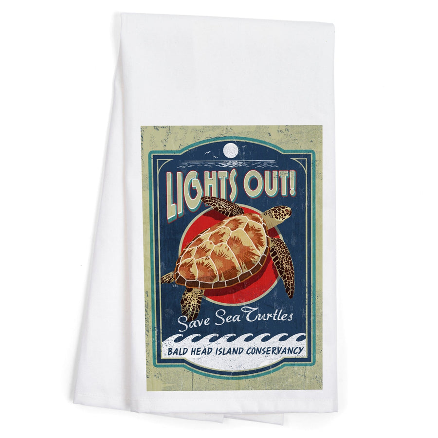 Bald Head Island, North Carolina, Lights Out, Sea Turtle Vintage Sign, Contour, Organic Cotton Kitchen Tea Towels Kitchen Lantern Press 