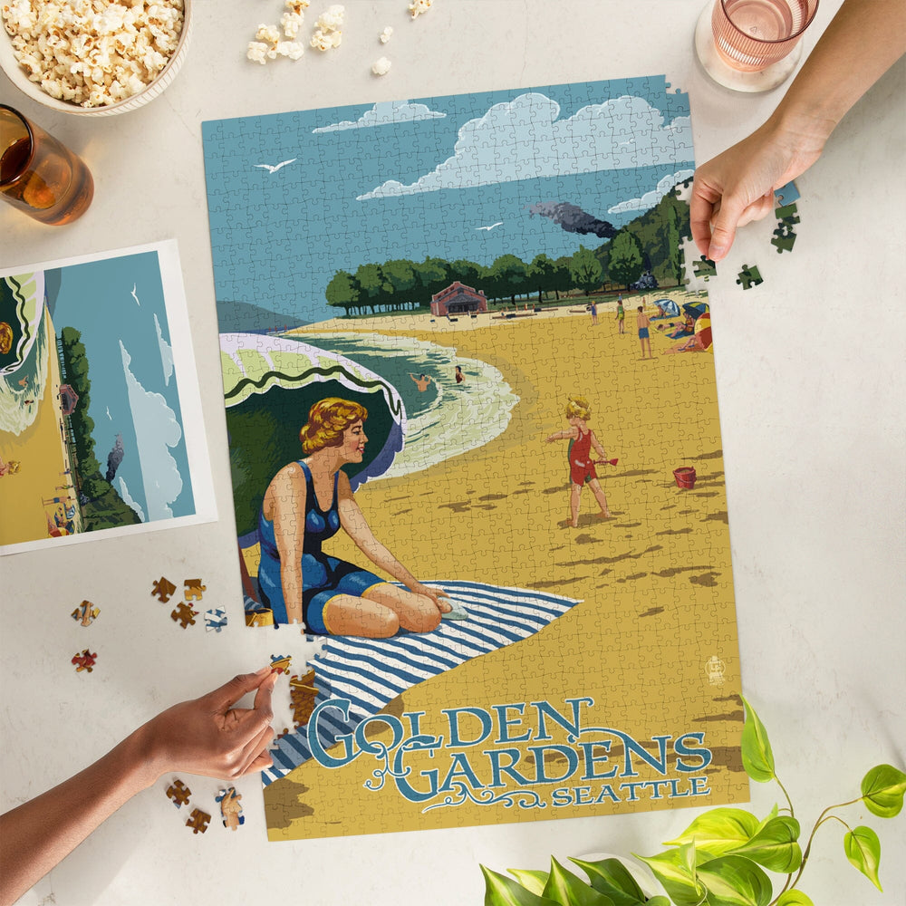 Ballard, Seattle, Washington, Golden Gardens Beach Scene, Jigsaw Puzzle Puzzle Lantern Press 