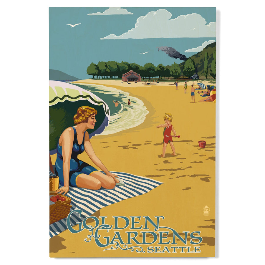 Ballard, Seattle, Washington, Golden Gardens Beach Scene, Lantern Press Artwork, Wood Signs and Postcards Wood Lantern Press 