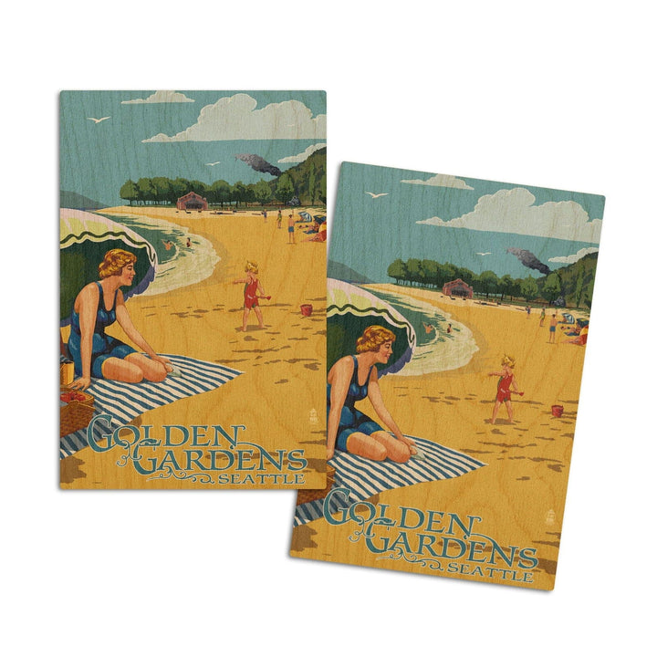 Ballard, Seattle, Washington, Golden Gardens Beach Scene, Lantern Press Artwork, Wood Signs and Postcards Wood Lantern Press 4x6 Wood Postcard Set 