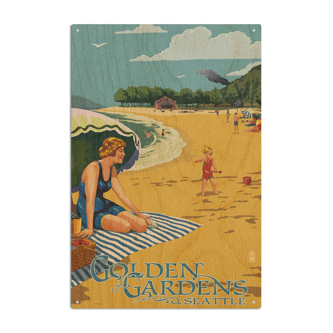 Ballard, Seattle, Washington, Golden Gardens Beach Scene, Lantern Press Artwork, Wood Signs and Postcards Wood Lantern Press 6x9 Wood Sign 