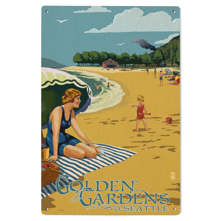 Ballard, Seattle, Washington, Golden Gardens Beach Scene, Lantern Press Artwork, Wood Signs and Postcards Wood Lantern Press 