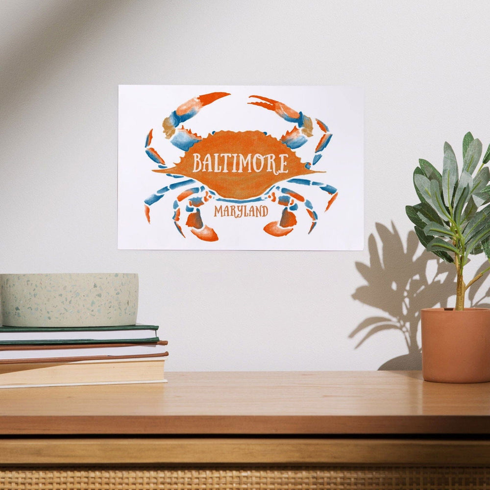 Baltimore, Maryland, Blue Crab, Blue and Orange Watercolor, Art & Giclee Prints Art Lantern Press 
