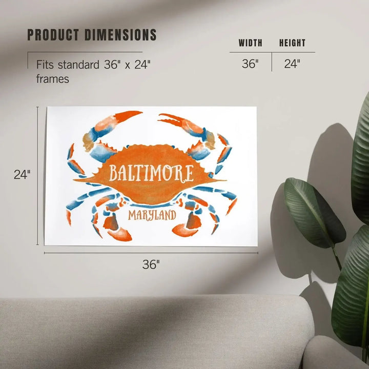 Baltimore, Maryland, Blue Crab, Blue and Orange Watercolor, Art & Giclee Prints Art Lantern Press 