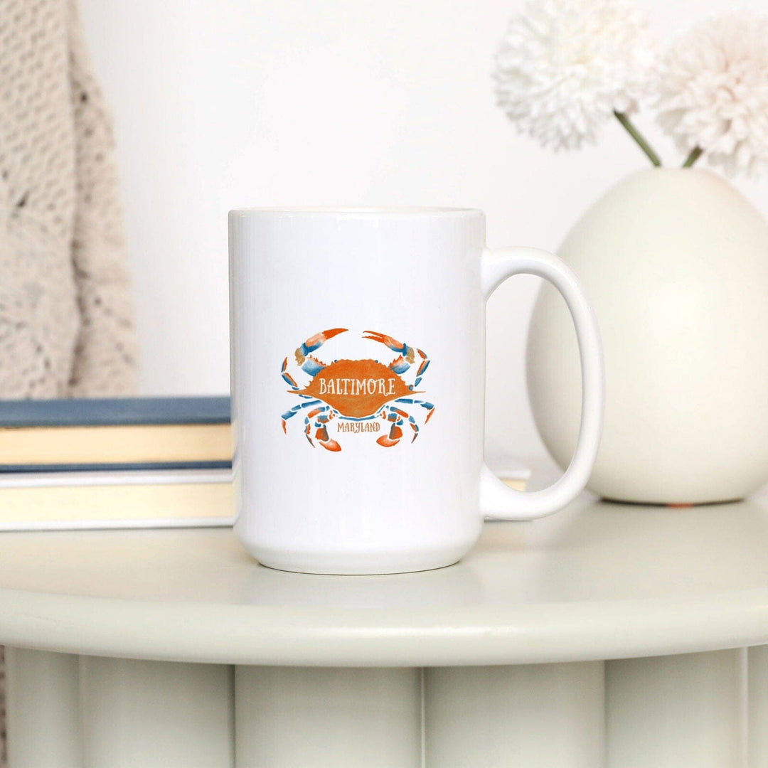 Baltimore, Maryland, Blue Crab, Blue & Orange Watercolor, Lantern Press Artwork, Ceramic Mug Mugs Lantern Press 