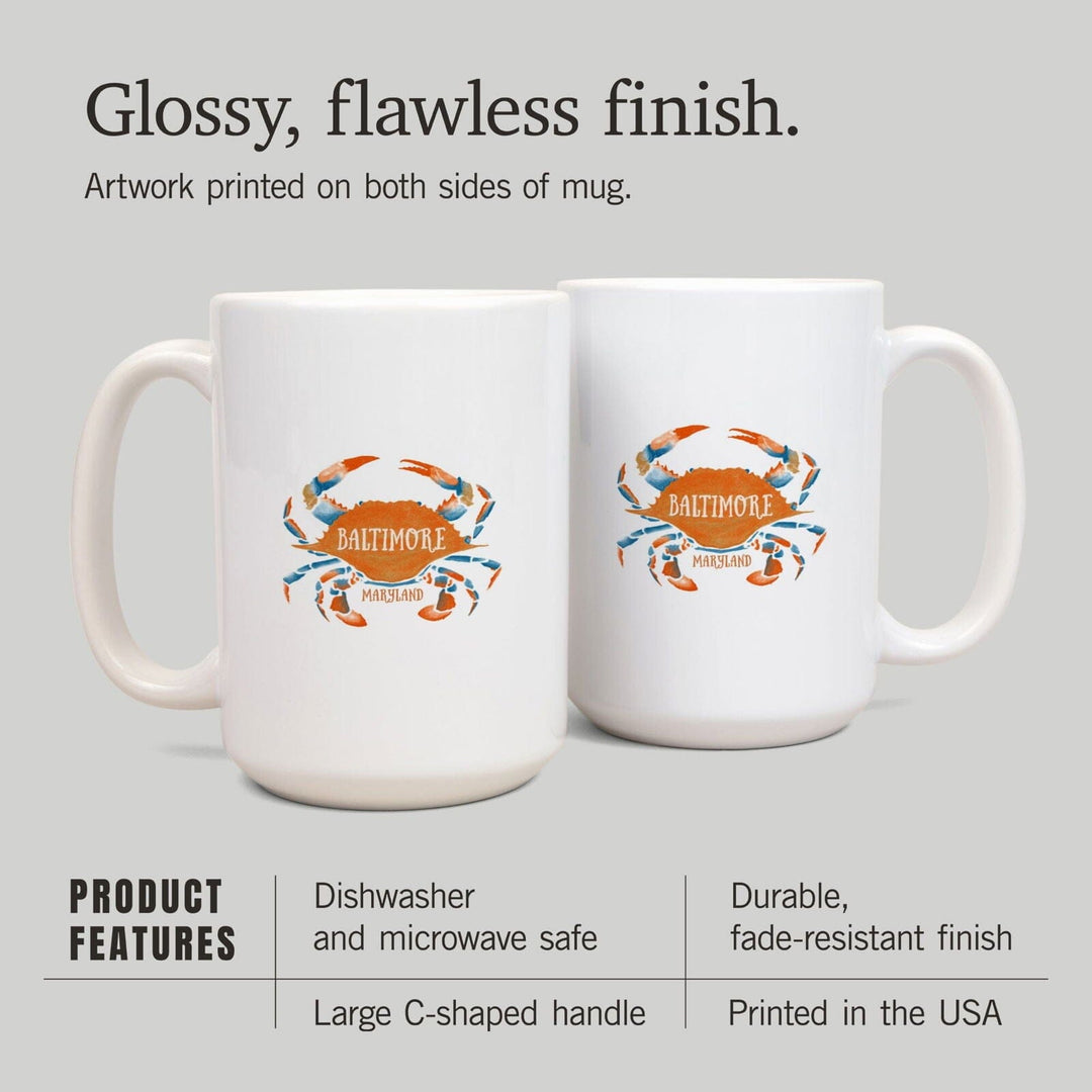Baltimore, Maryland, Blue Crab, Blue & Orange Watercolor, Lantern Press Artwork, Ceramic Mug Mugs Lantern Press 