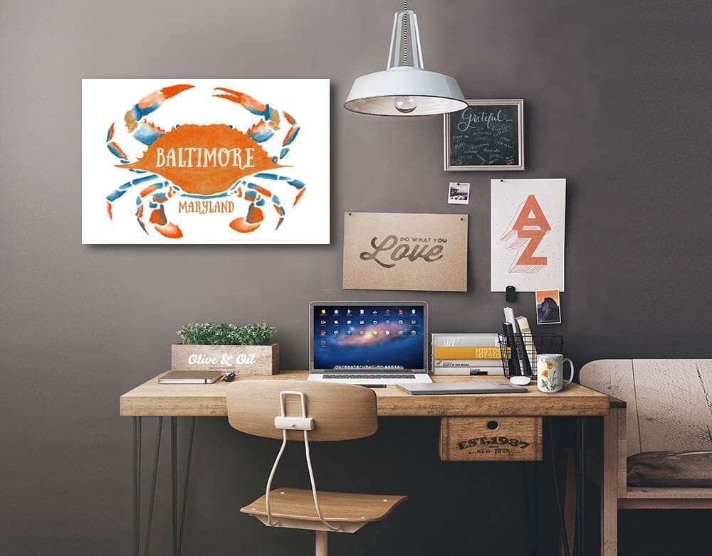 Baltimore, Maryland, Blue Crab, Blue & Orange Watercolor, Lantern Press Artwork, Stretched Canvas Canvas Lantern Press 