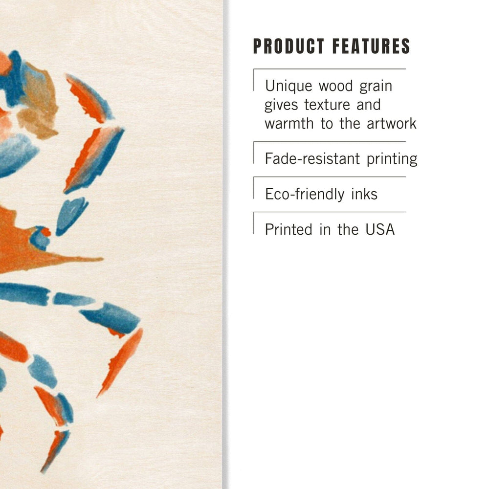 Baltimore, Maryland, Blue Crab, Blue & Orange Watercolor, Lantern Press Artwork, Wood Signs and Postcards Wood Lantern Press 