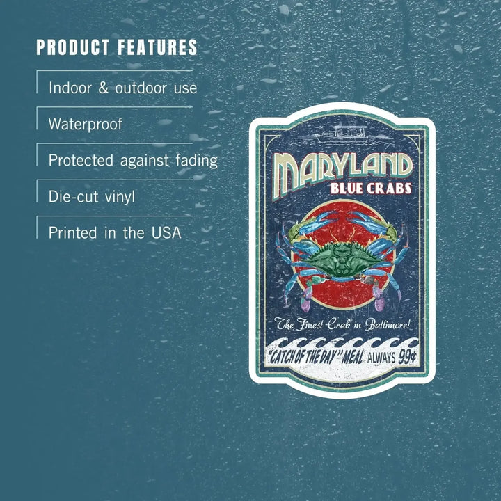 Baltimore, Maryland, Blue Crabs Vintage Sign, Contour, Lantern Press Artwork, Vinyl Sticker Sticker Lantern Press 