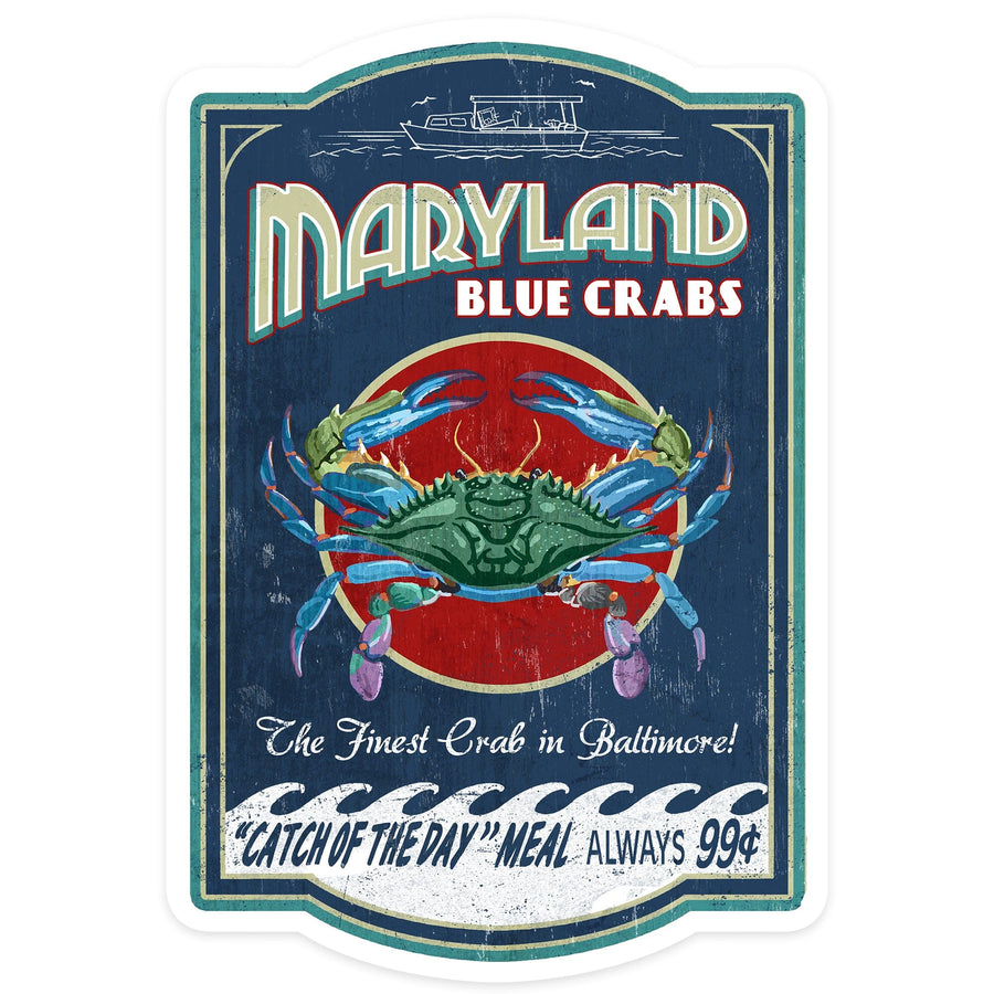 Baltimore, Maryland, Blue Crabs Vintage Sign, Contour, Lantern Press Artwork, Vinyl Sticker Sticker Lantern Press 