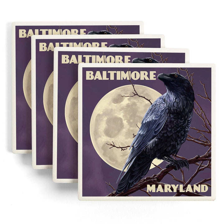 Baltimore, Maryland, Raven and Moon Purple Sky, Lantern Press Artwork, Coaster Set Coasters Lantern Press 