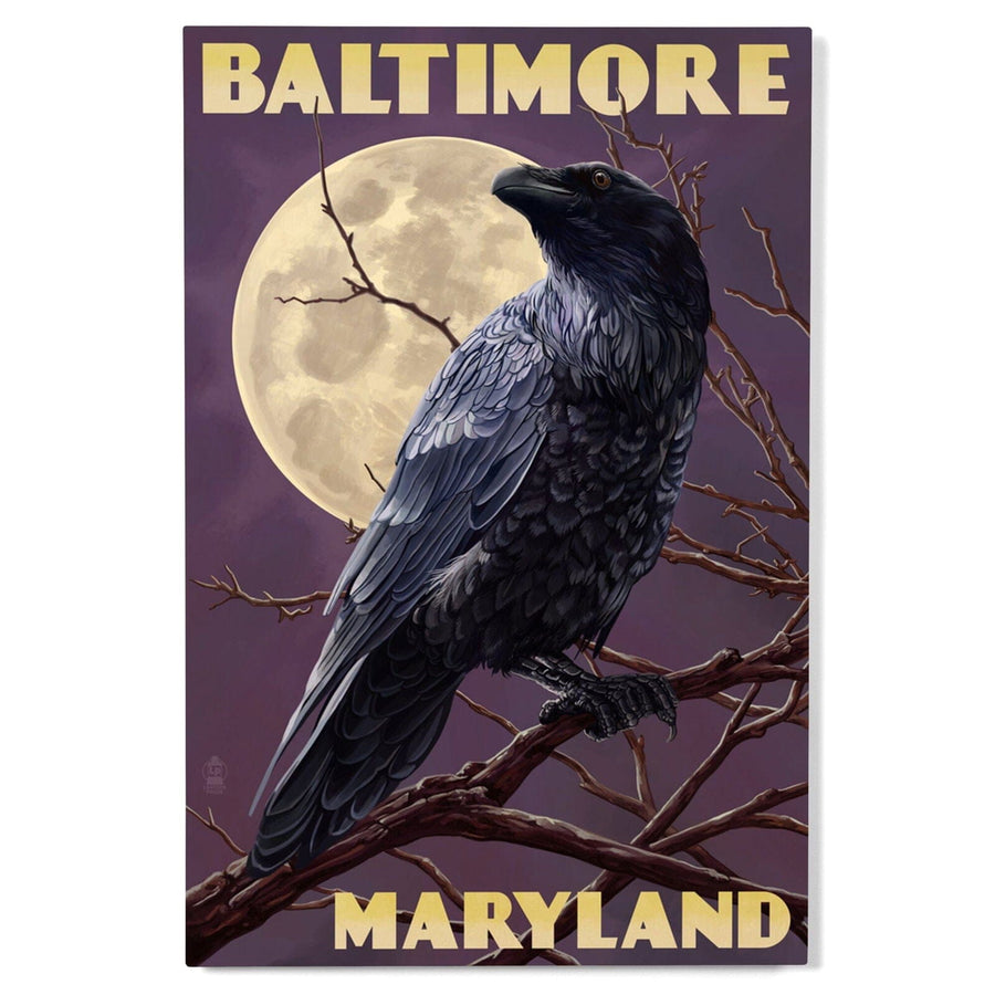 Baltimore, Maryland, Raven and Moon Purple Sky, Lantern Press Artwork, Wood Signs and Postcards Wood Lantern Press 