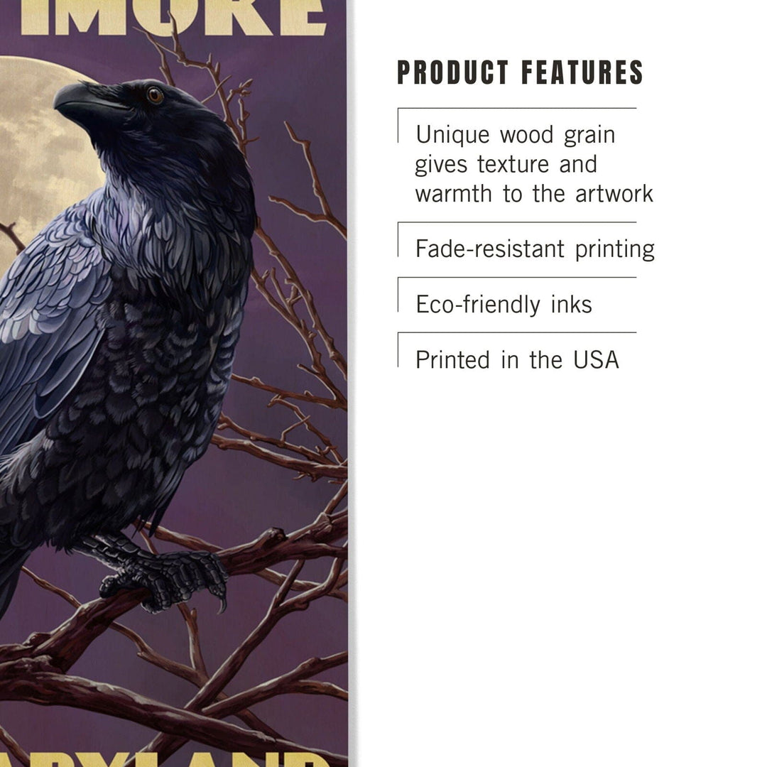 Baltimore, Maryland, Raven and Moon Purple Sky, Lantern Press Artwork, Wood Signs and Postcards Wood Lantern Press 