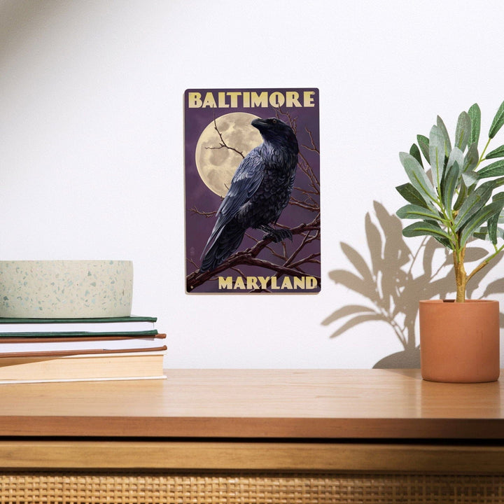 Baltimore, Maryland, Raven and Moon Purple Sky, Lantern Press Artwork, Wood Signs and Postcards Wood Lantern Press 