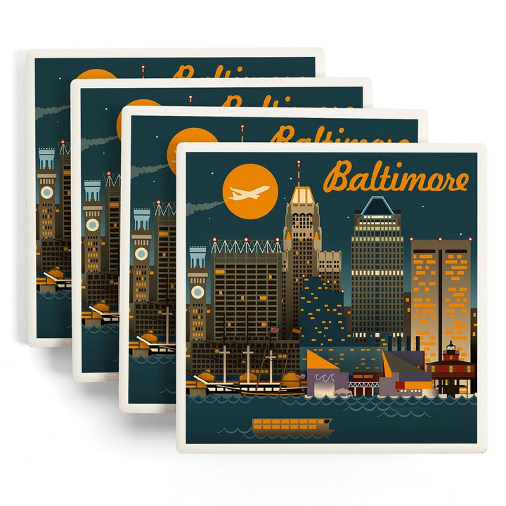 Baltimore, Maryland, Retro Skyline, Lantern Press Artwork, Coaster Set Coasters Lantern Press 