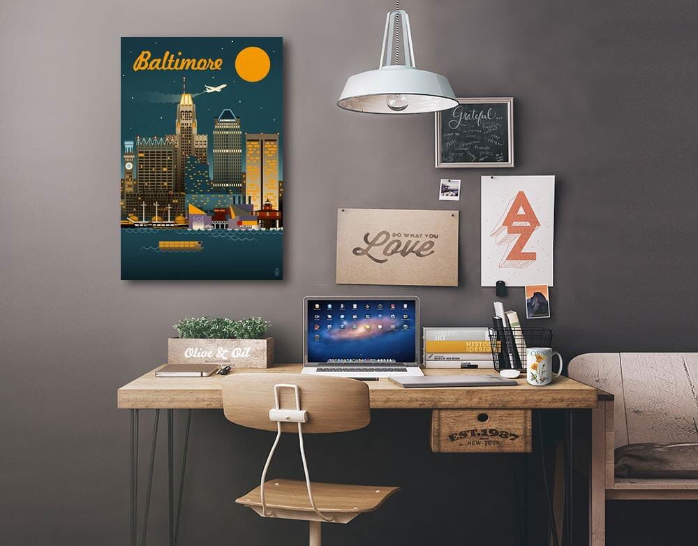 Baltimore, Maryland, Retro Skyline, Lantern Press Artwork, Stretched Canvas Canvas Lantern Press 