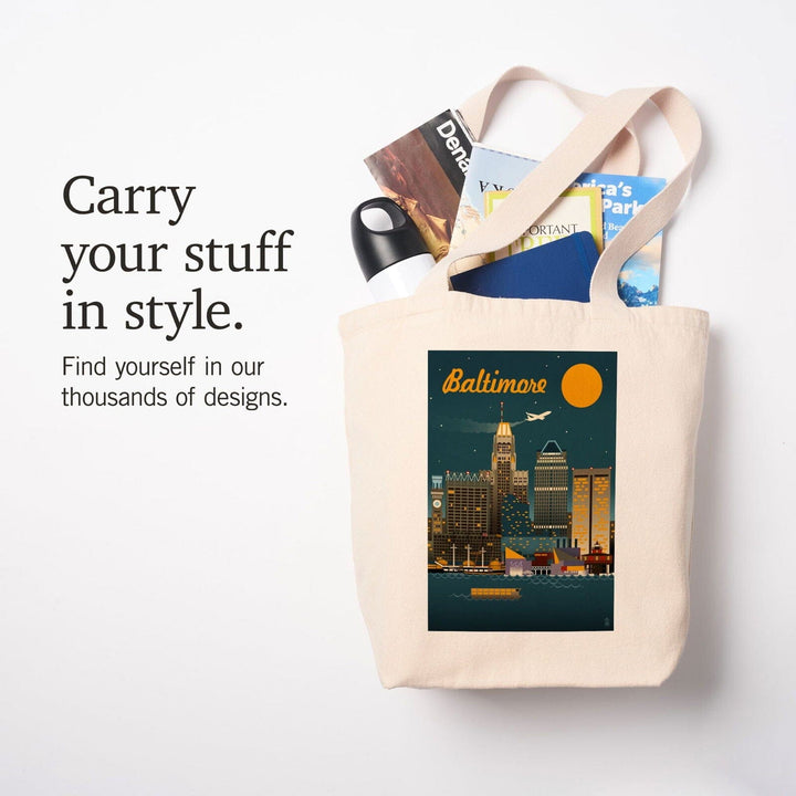 Baltimore, Maryland, Retro Skyline, Lantern Press Artwork, Tote Bag Totes Lantern Press 