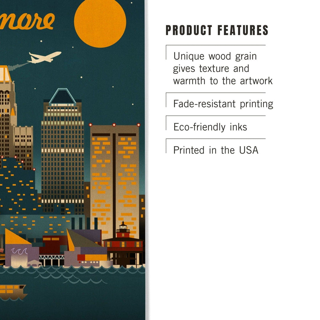 Baltimore, Maryland, Retro Skyline, Lantern Press Artwork, Wood Signs and Postcards Wood Lantern Press 