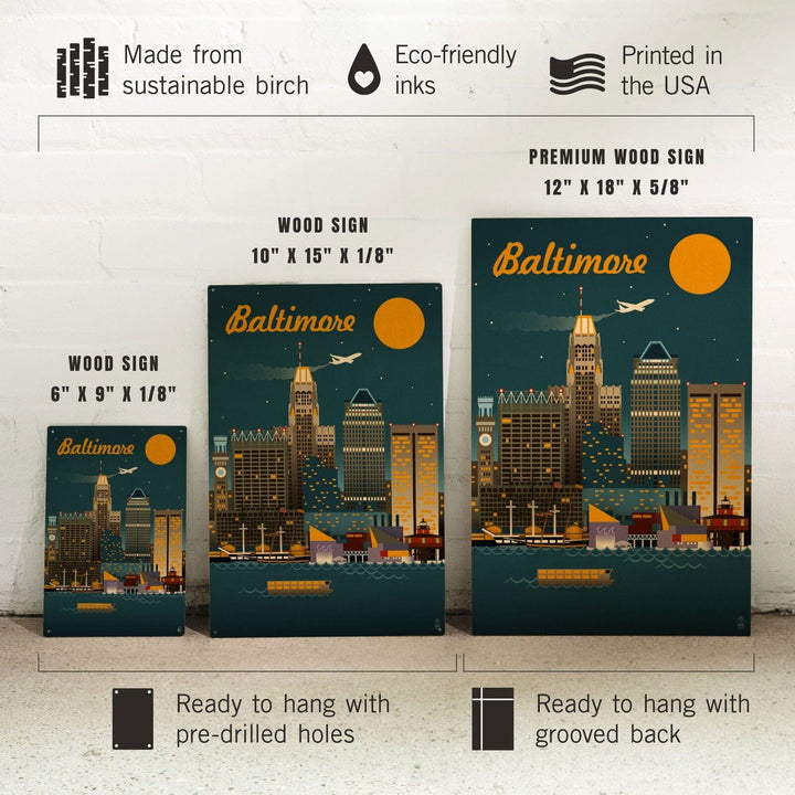 Baltimore, Maryland, Retro Skyline, Lantern Press Artwork, Wood Signs and Postcards Wood Lantern Press 