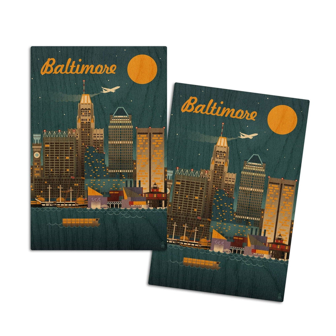 Baltimore, Maryland, Retro Skyline, Lantern Press Artwork, Wood Signs and Postcards Wood Lantern Press 