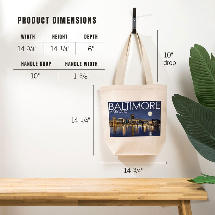 Baltimore, Maryland, Skyline at Night, Lantern Press Photography, Tote Bag Totes Lantern Press 