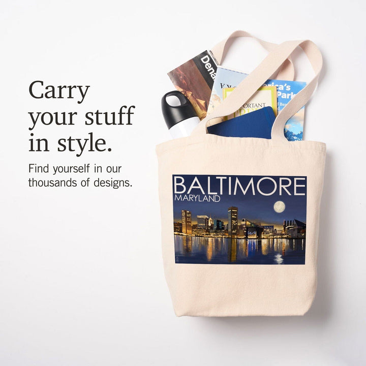 Baltimore, Maryland, Skyline at Night, Lantern Press Photography, Tote Bag Totes Lantern Press 