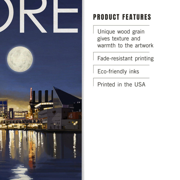 Baltimore, Maryland, Skyline at Night, Lantern Press Photography, Wood Signs and Postcards Wood Lantern Press 