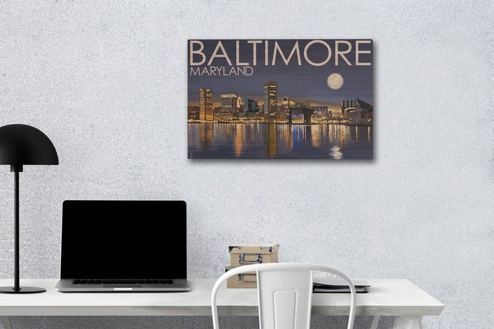 Baltimore, Maryland, Skyline at Night, Lantern Press Photography, Wood Signs and Postcards Wood Lantern Press 12 x 18 Wood Gallery Print 