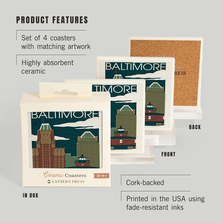 Baltimore, Maryland, Woodblock, Lantern Press Artwork, Coaster Set Coasters Lantern Press 