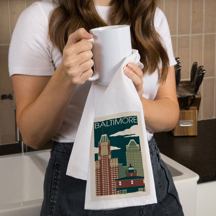 Baltimore, Maryland, Woodblock, Organic Cotton Kitchen Tea Towels Kitchen Lantern Press 