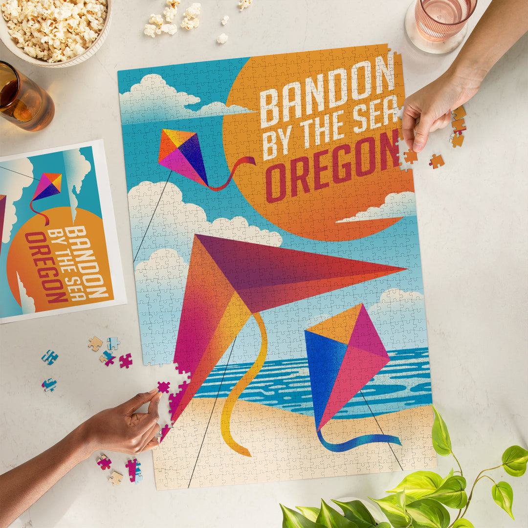 Bandon, Oregon, Bandon by the Sea, Sun-faded Shoreline Collection, Kites on Beach, Jigsaw Puzzle Puzzle Lantern Press 