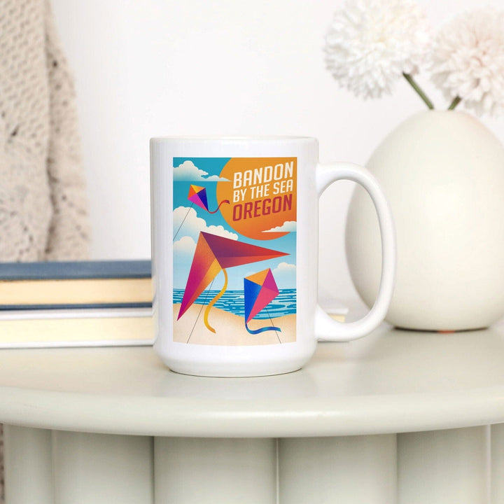 Bandon, Oregon, Bandon by the Sea, Sun-faded Shoreline Collection, Kites on Beach, Lantern Press Artwork, Ceramic Mug Mugs Lantern Press 