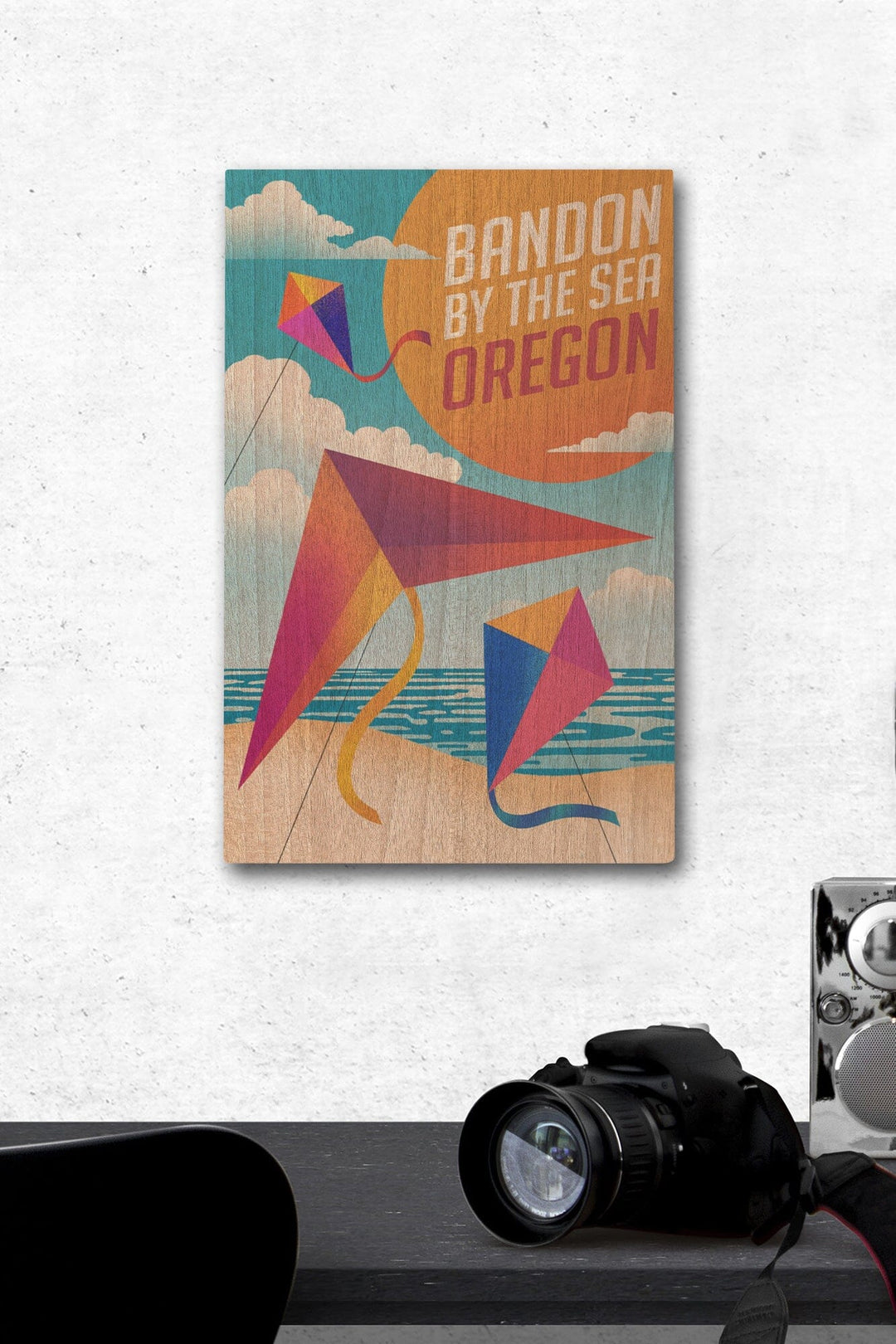 Bandon, Oregon, Bandon by the Sea, Sun-faded Shoreline Collection, Kites on Beach, Lantern Press Artwork, Wood Signs and Postcards Wood Lantern Press 12 x 18 Wood Gallery Print 