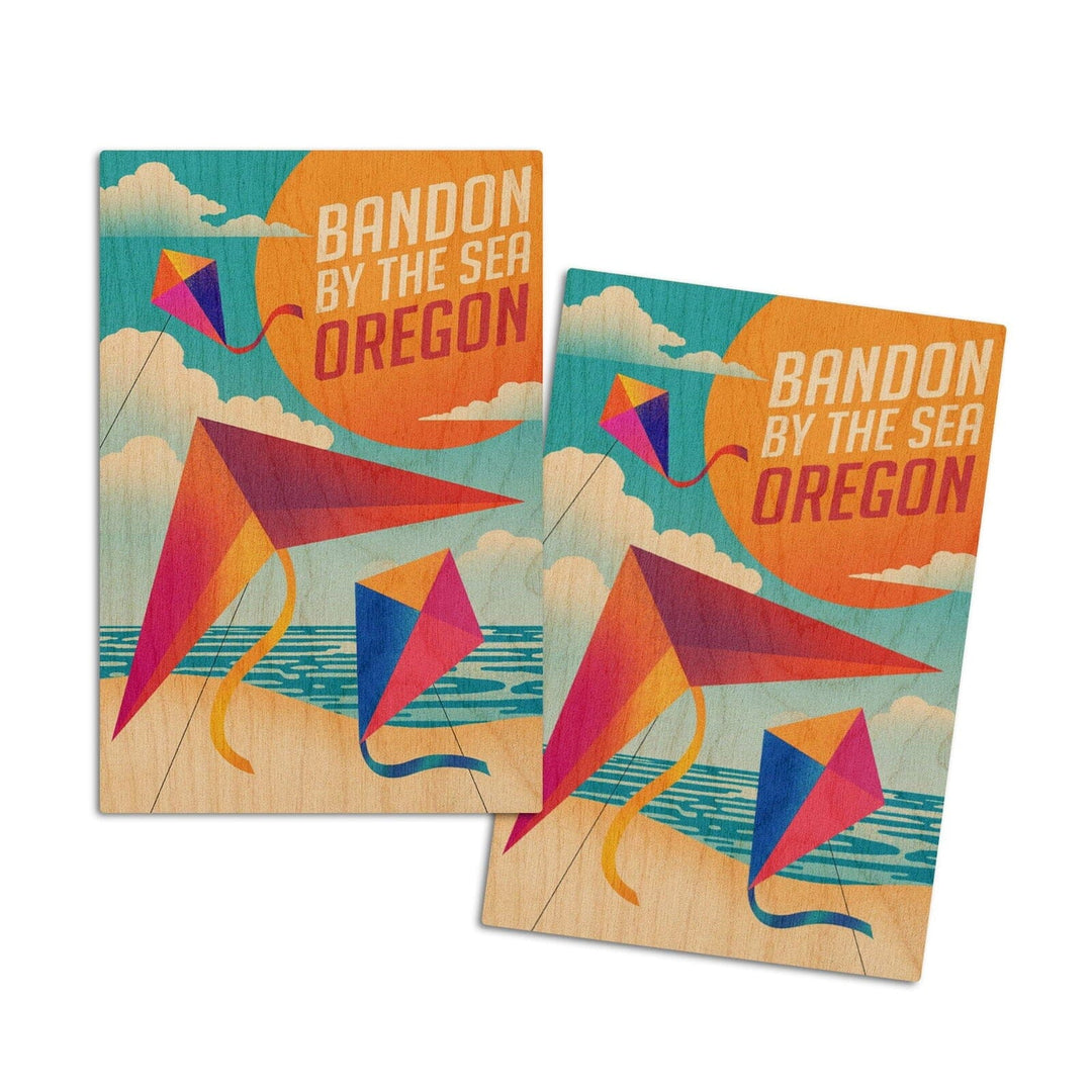 Bandon, Oregon, Bandon by the Sea, Sun-faded Shoreline Collection, Kites on Beach, Lantern Press Artwork, Wood Signs and Postcards Wood Lantern Press 4x6 Wood Postcard Set 