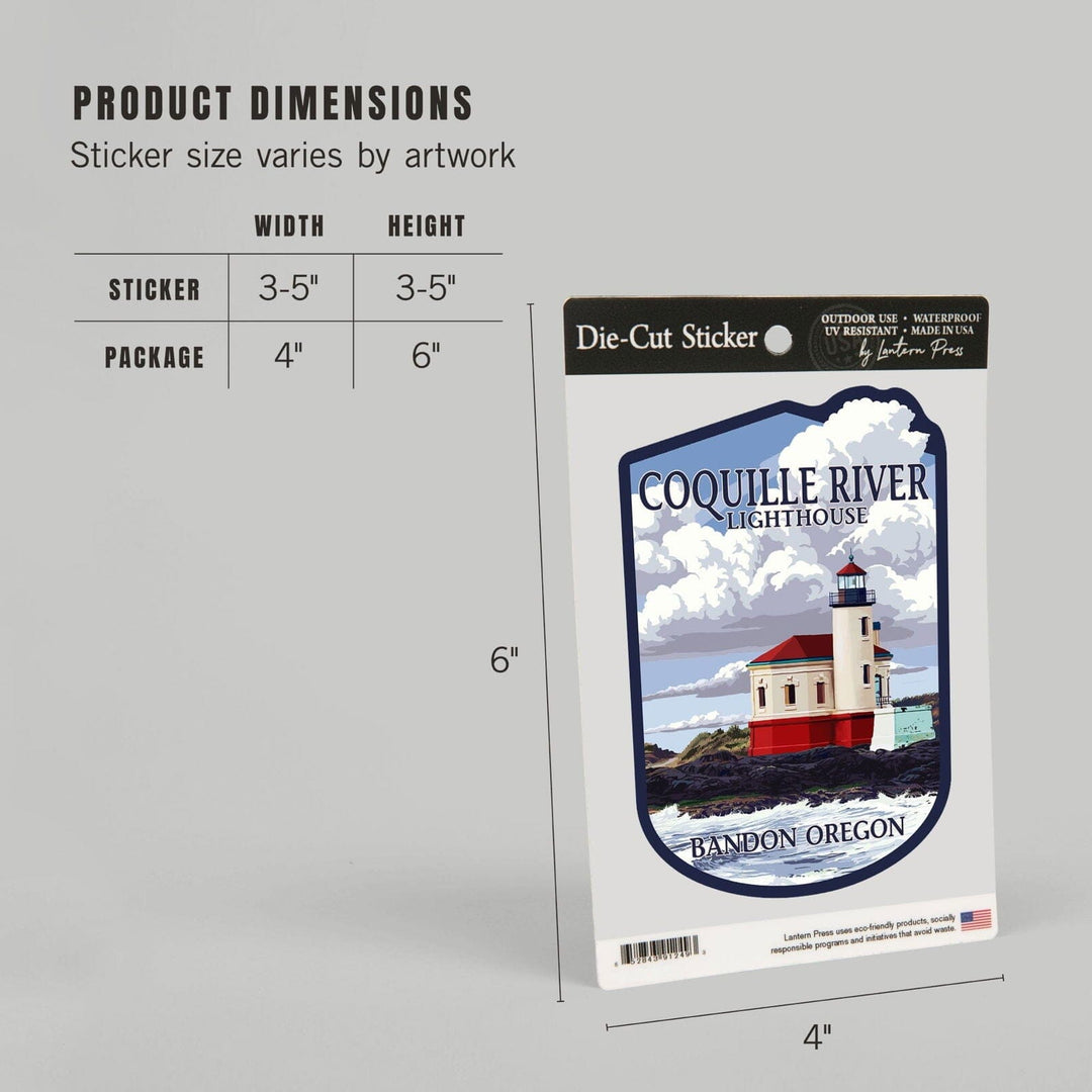 Bandon, Oregon, Coquille River Lighthouse, Contour, Vinyl Sticker Sticker Lantern Press 