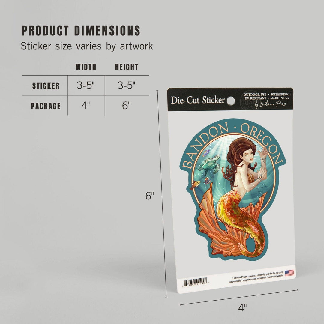 Bandon, Oregon, Mermaid, Contour, Lantern Press Artwork, Vinyl Sticker Sticker Lantern Press 