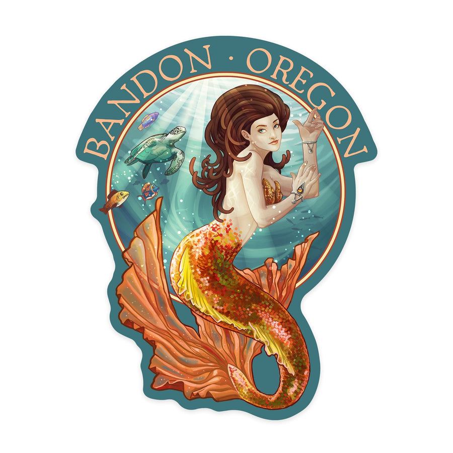 Bandon, Oregon, Mermaid, Contour, Lantern Press Artwork, Vinyl Sticker Sticker Lantern Press 