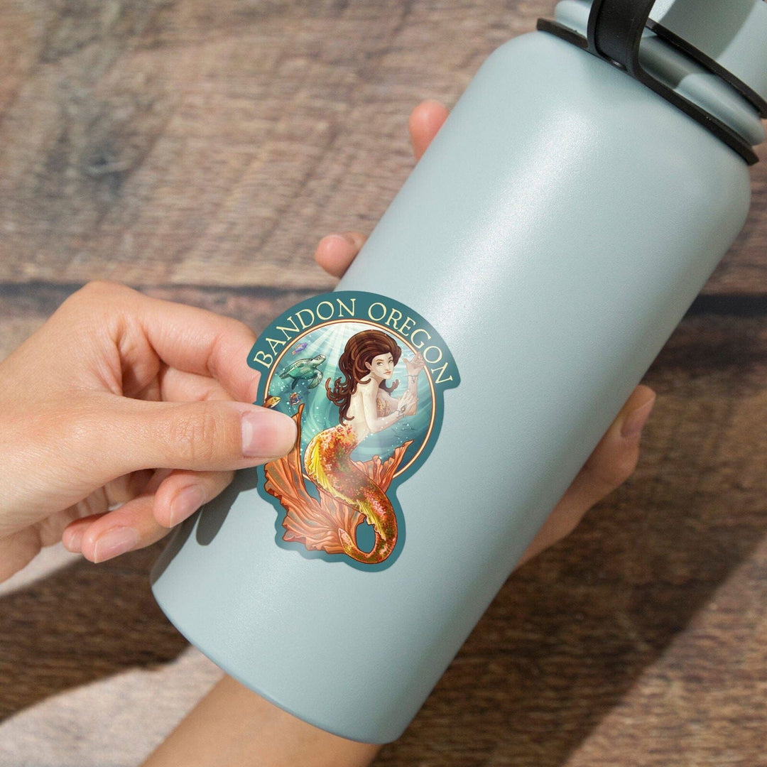 Bandon, Oregon, Mermaid, Contour, Vinyl Sticker Sticker Lantern Press 