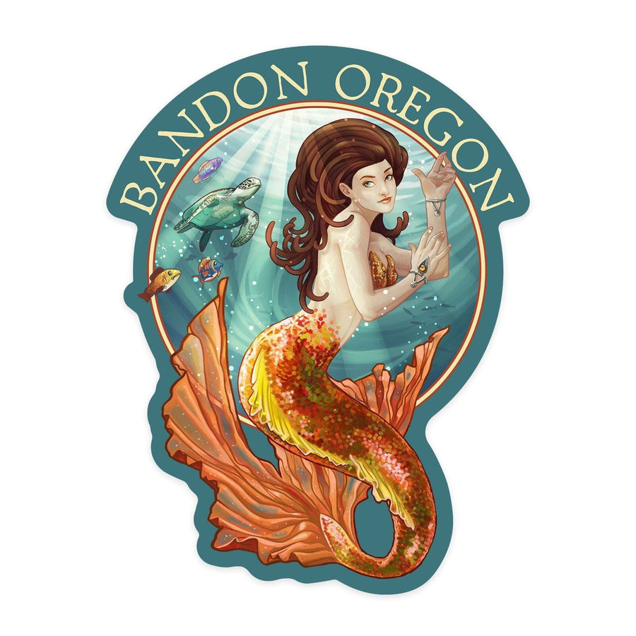 Bandon, Oregon, Mermaid, Contour, Vinyl Sticker Sticker Lantern Press 