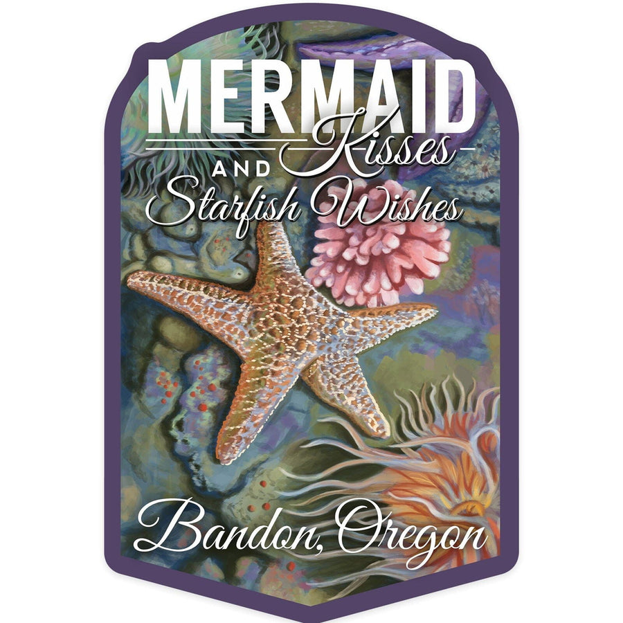 Bandon, Oregon, Mermaid Kisses and Starfish Wishes, Tidepool, Contour, Vinyl Sticker Sticker Lantern Press 