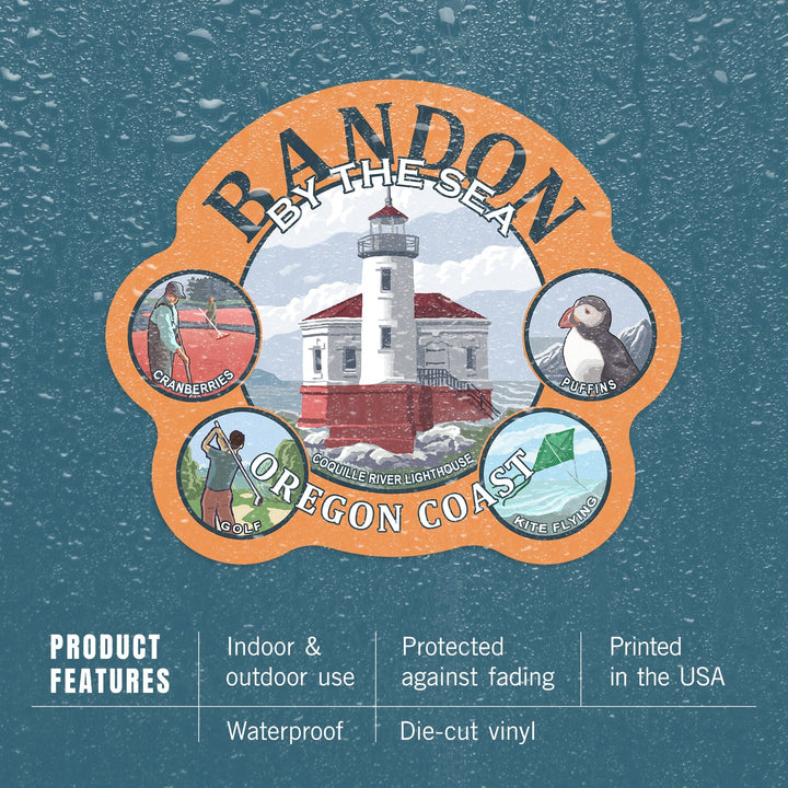 Bandon, Oregon, Montage Scenes, Contour, Lantern Press Artwork, Vinyl Sticker Sticker Lantern Press 