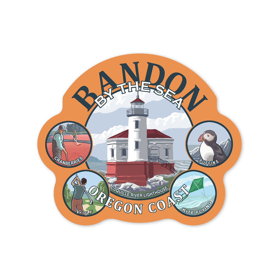 Bandon, Oregon, Montage Scenes, Contour, Lantern Press Artwork, Vinyl Sticker Sticker Lantern Press 