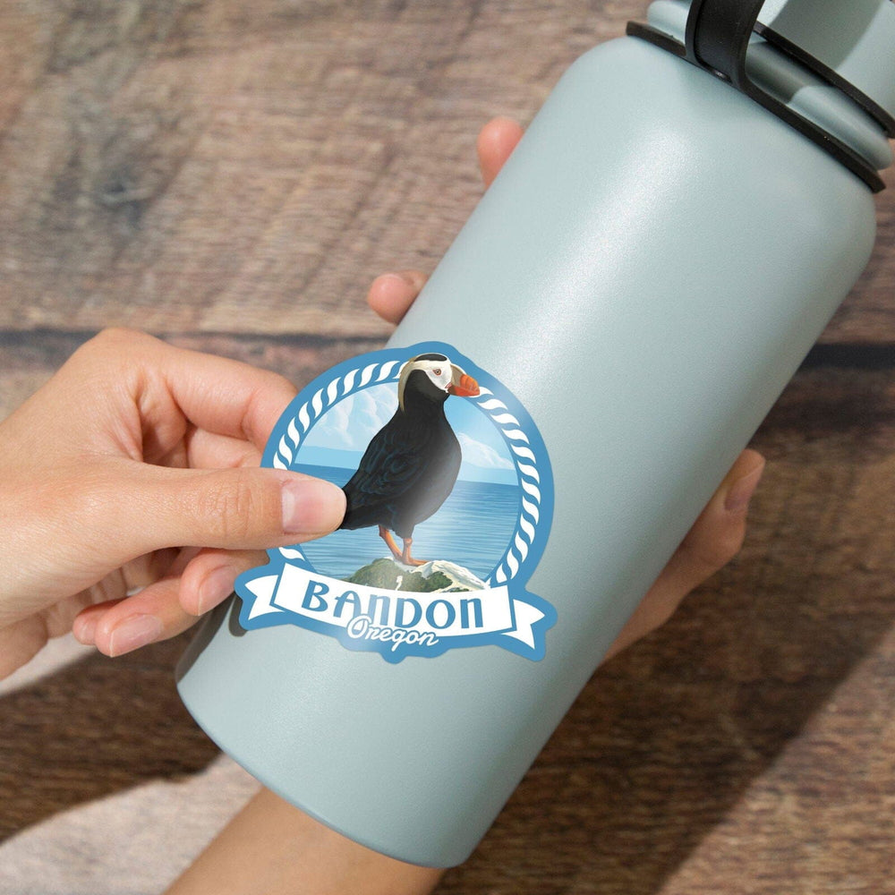 Bandon, Oregon, Puffin, Contour, Vinyl Sticker Sticker Lantern Press 